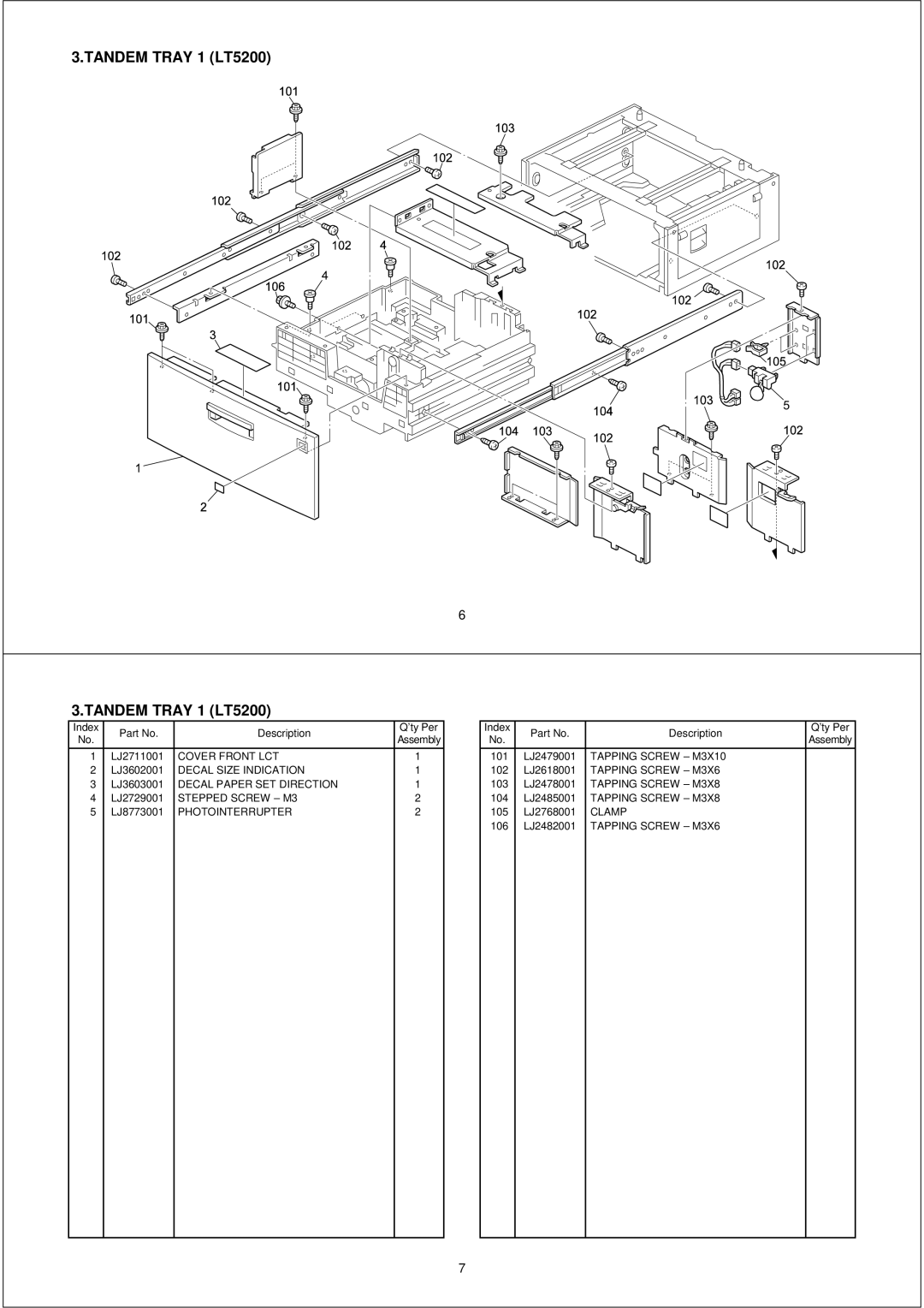 Brother PL-PRN015 manual Tandem Tray 1 LT5200, Cover Front LCT, Decal Size Indication, Stepped Screw M3 