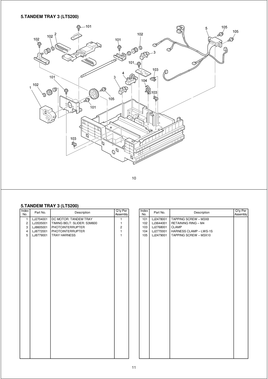 Brother PL-PRN015 manual Tandem Tray 3 LT5200, DC Motor Tandem Tray, Timing Belt Slider S3M600, Tray Harness 