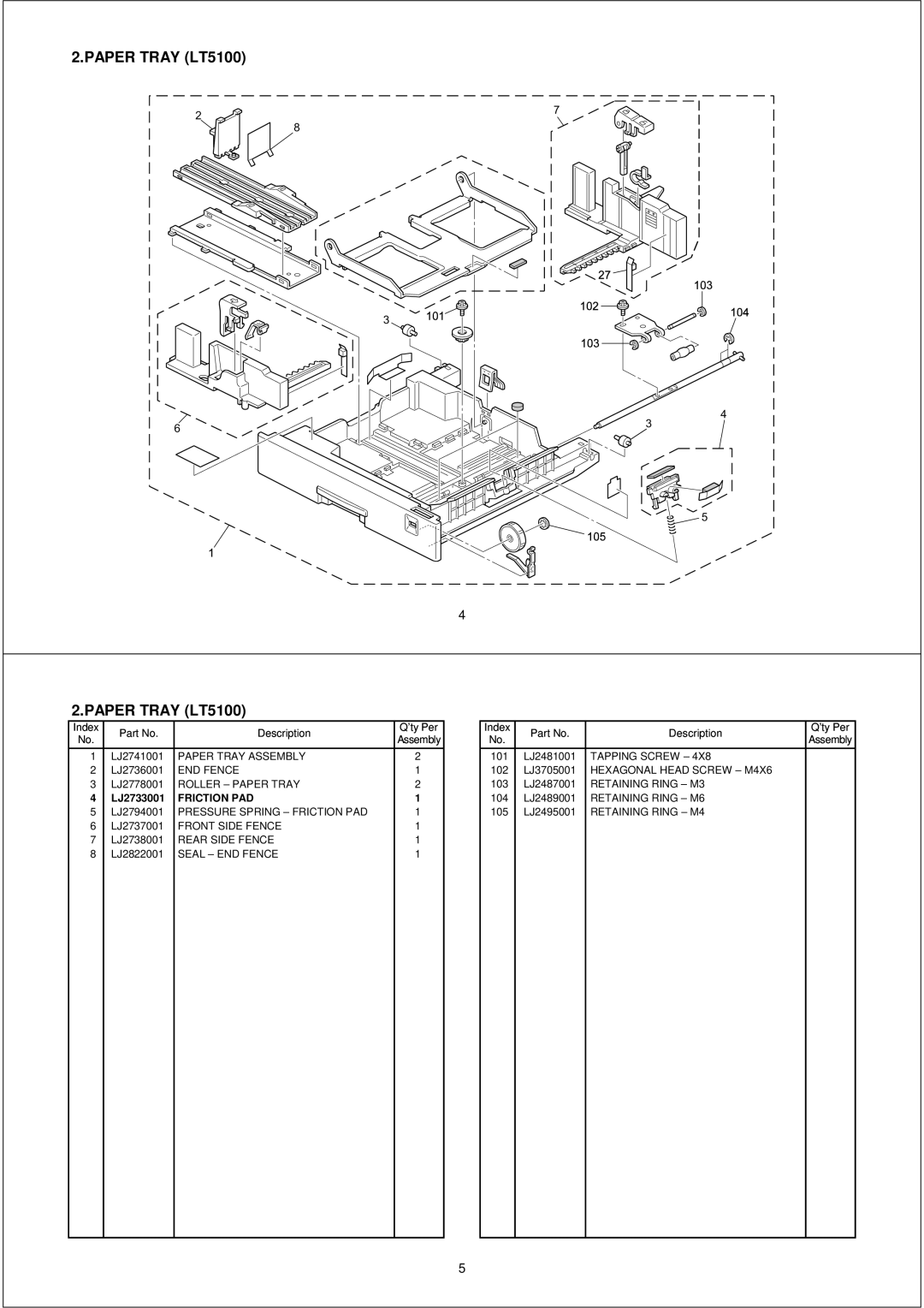 Brother PL-PRN015 manual Paper Tray LT5100, Paper Tray Assembly, 102 LJ3705001 Hexagonal Head Screw M4X6 