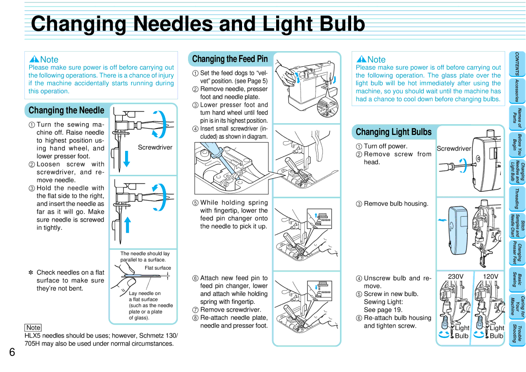 Brother PQ-1500 operation manual Changing Needles and Light Bulb, Changing the Feed Pin, Changing the Needle 