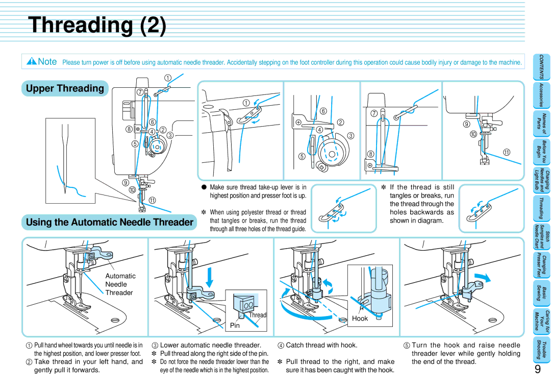 Brother PQ-1500 operation manual Upper Threading, Using the Automatic Needle Threader 