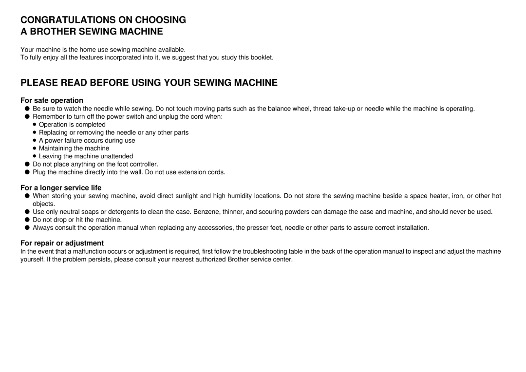 Brother PQ-1500 operation manual Congratulations on Choosing Brother Sewing Machine 