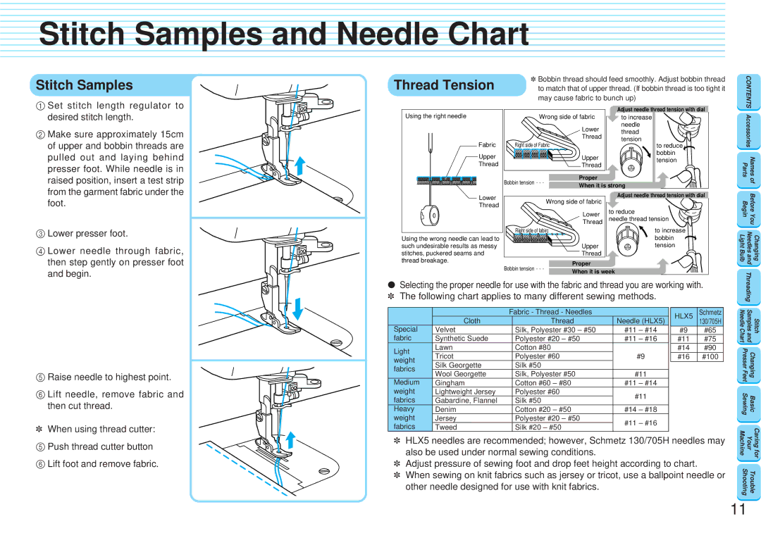 Brother PQ1300 operation manual Stitch Samples and Needle Chart, Stitch Samples Thread Tension, Lower presser foot 