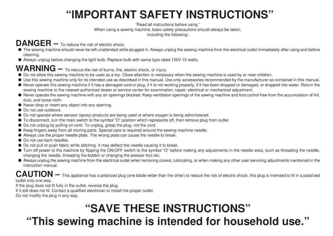 Brother PQ1300 operation manual Important Safety Instructions 