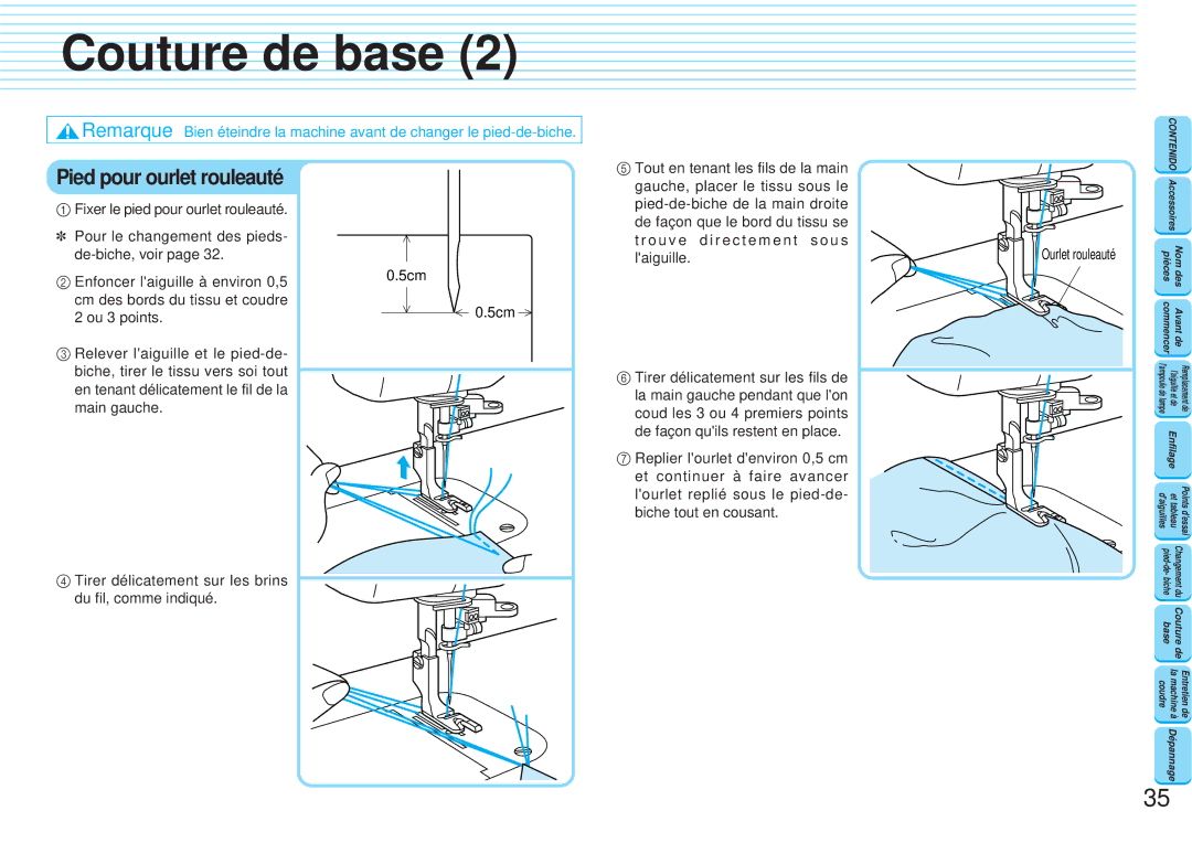 Brother PQ1300 operation manual Pied pour ourlet rouleauté 