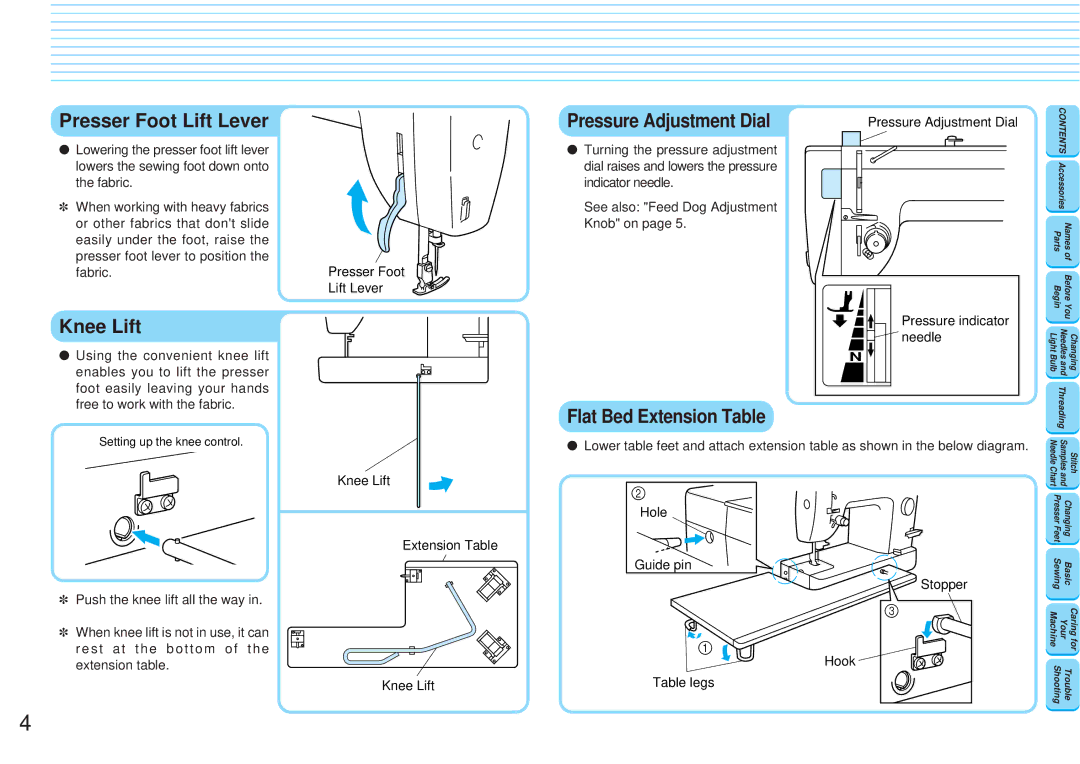 Brother PQ1300 operation manual Presser Foot Lift Lever, Knee Lift, Setting up the knee control, Pressure Adjustment Dial 