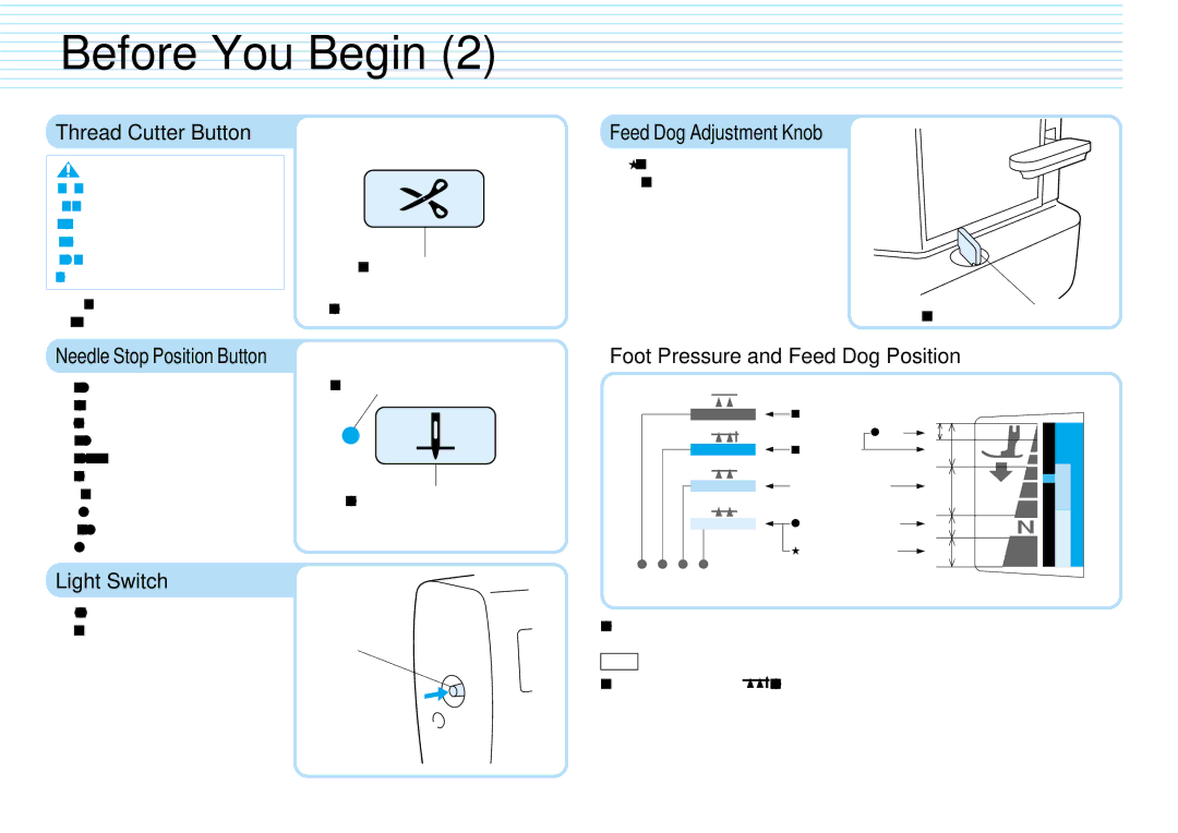 Brother PQ1500S operation manual Thread Cutter Button, Light Switch, Foot Pressure and Feed Dog Position 