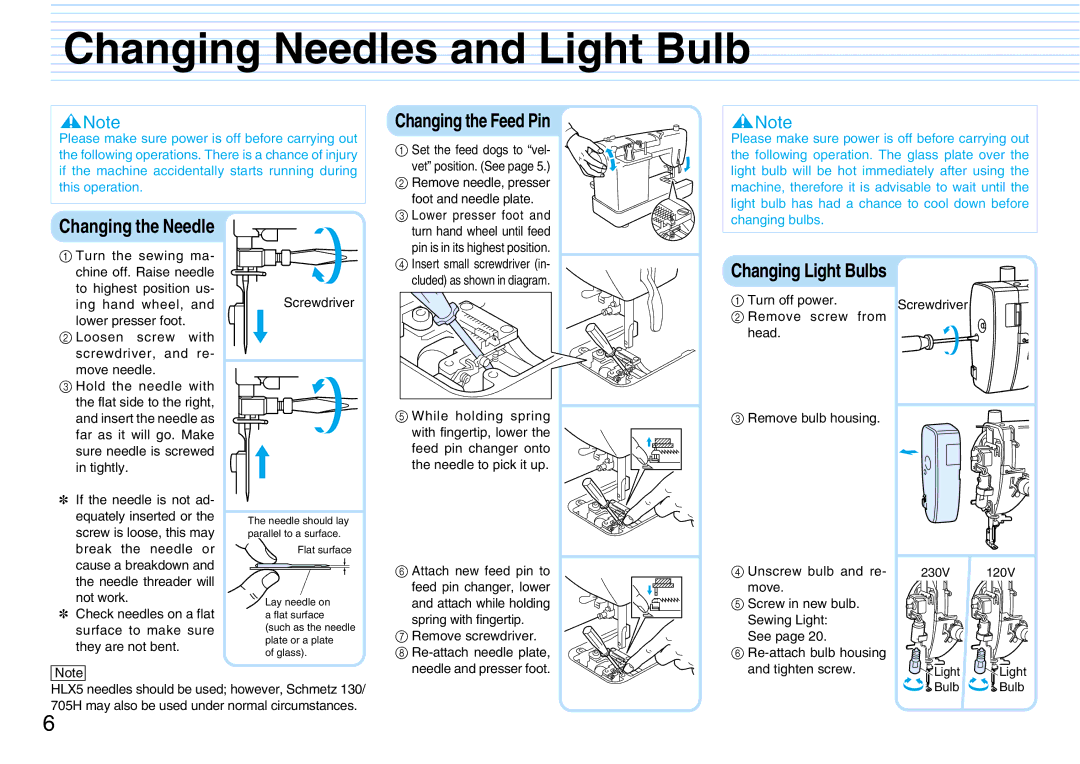 Brother PQ1500S operation manual Changing Needles and Light Bulb, Changing bulbs 