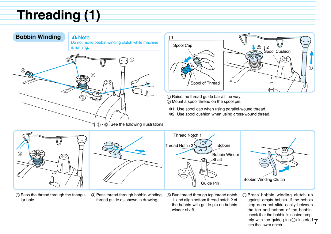 Brother PQ1500S operation manual Threading, Do not move bobbin winding clutch while machine is running, Shaft 