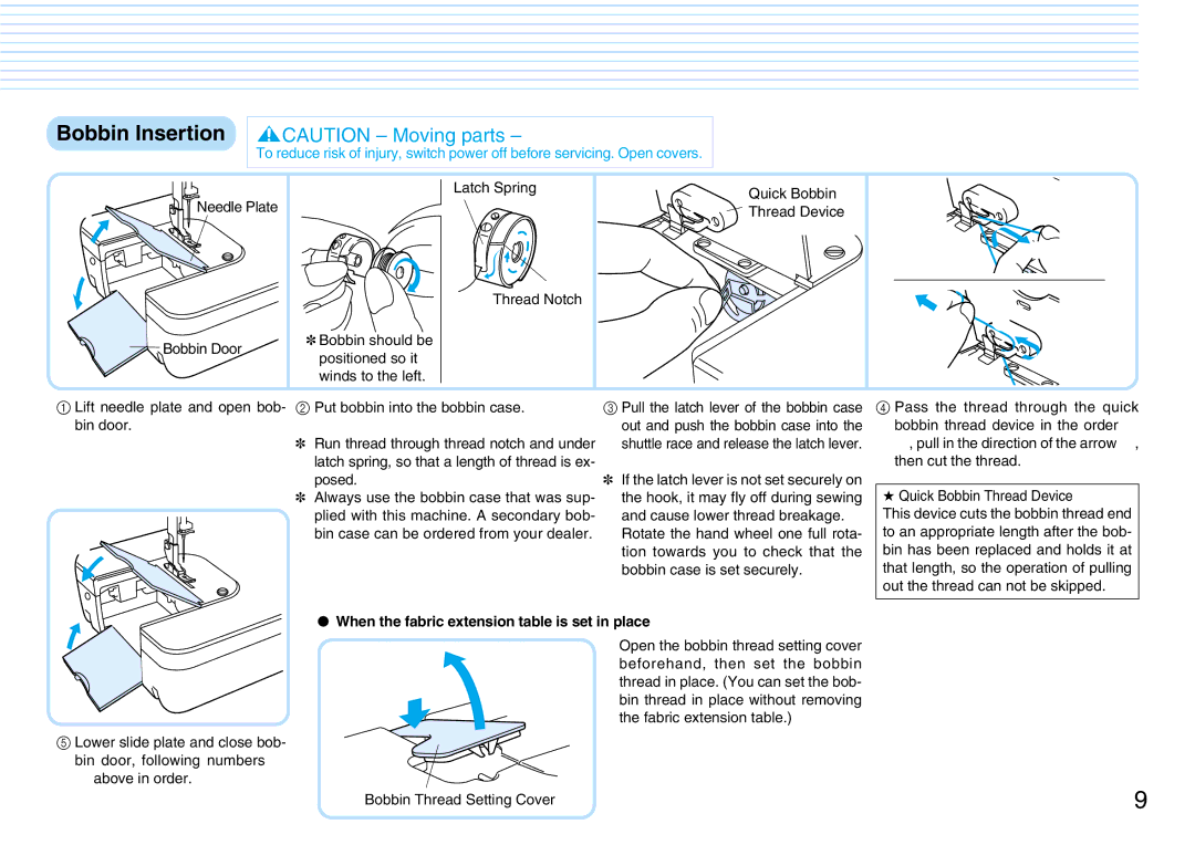 Brother PQ1500S operation manual Bobbin Insertion, When the fabric extension table is set in place 