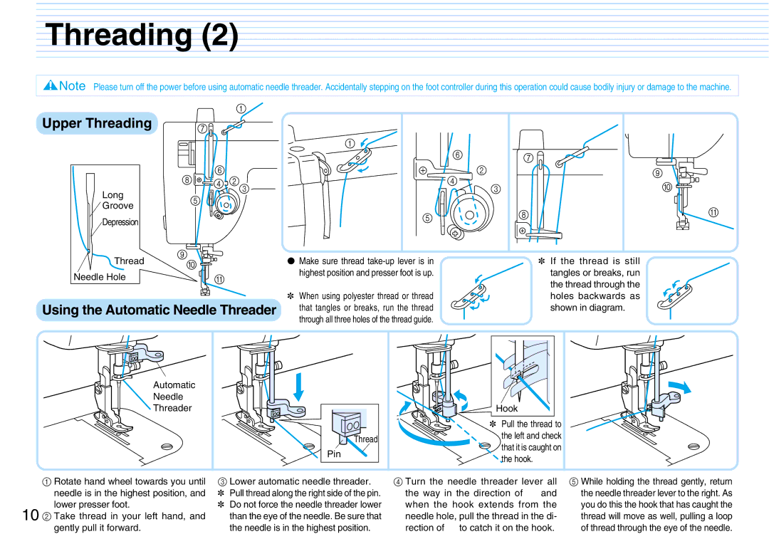 Brother PQ1500S operation manual Upper Threading, Using the Automatic Needle Threader 