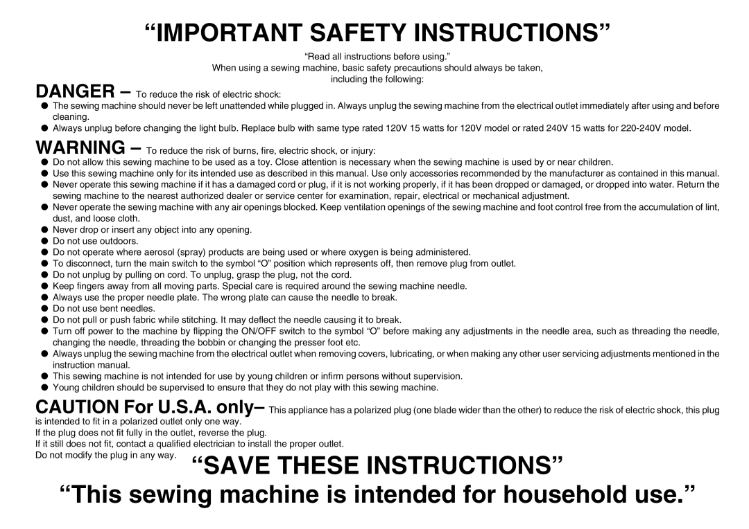 Brother PQ1500S operation manual Important Safety Instructions 