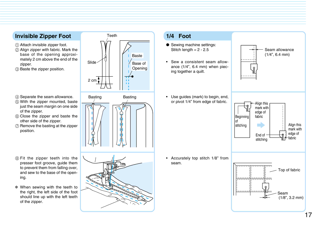 Brother PQ1500S operation manual Invisible Zipper Foot, Attach invisible zipper foot 