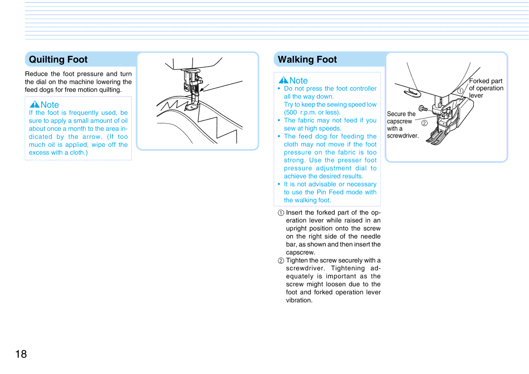 Brother PQ1500S operation manual Quilting Foot, Walking Foot, Forked part Operation lever 