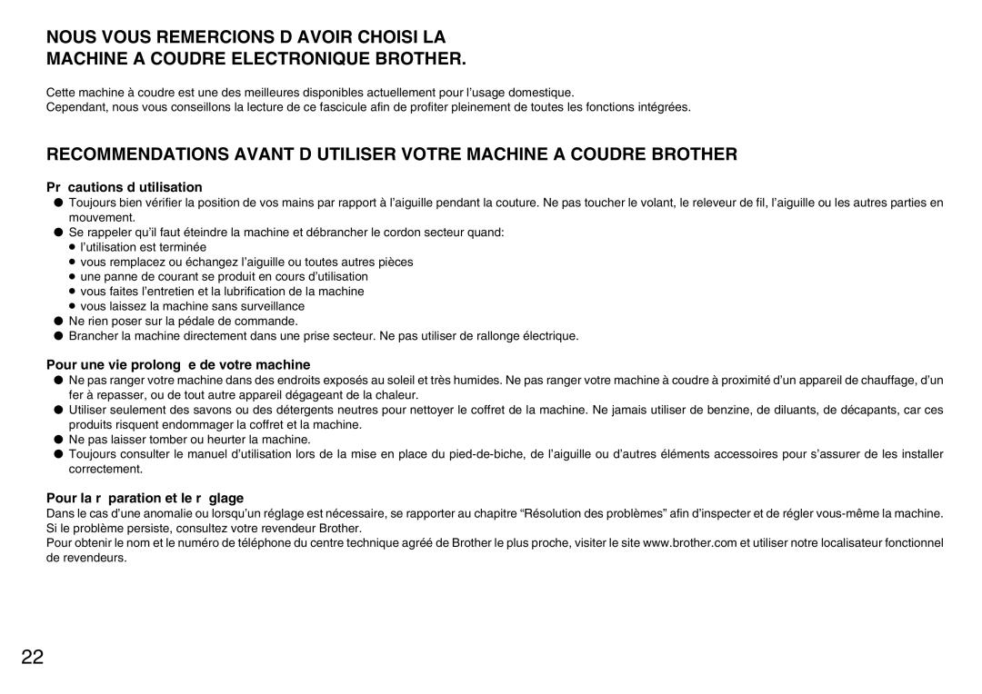 Brother PQ1500S operation manual Précautions d’utilisation 