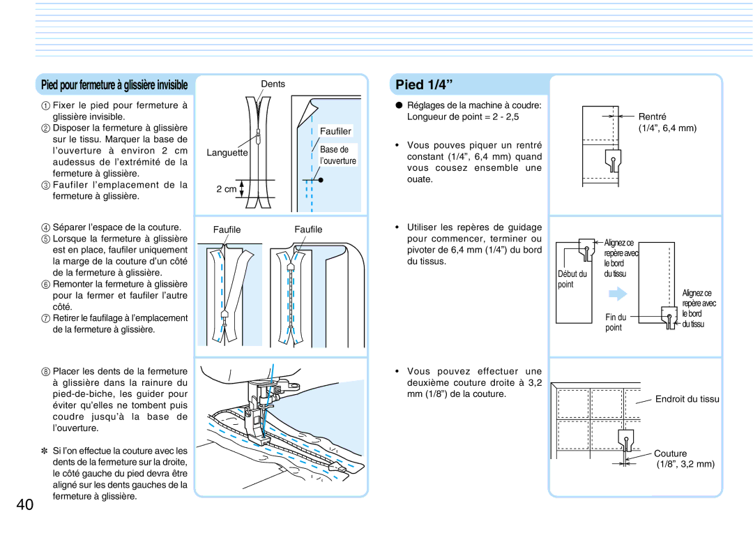 Brother PQ1500S operation manual Pied 1/4, Faufile, Couture 3,2 mm Fermeture à glissière 