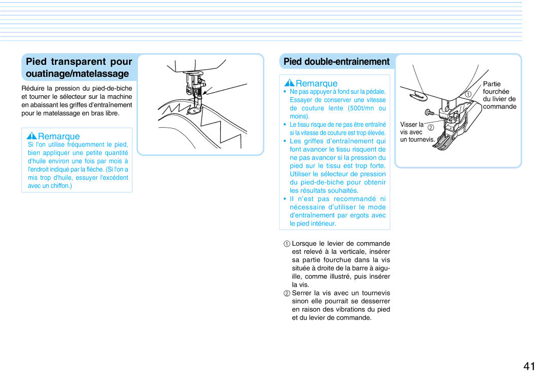 Brother PQ1500S operation manual Pied transparent pour ouatinage/matelassage, Pied double-entrainement 