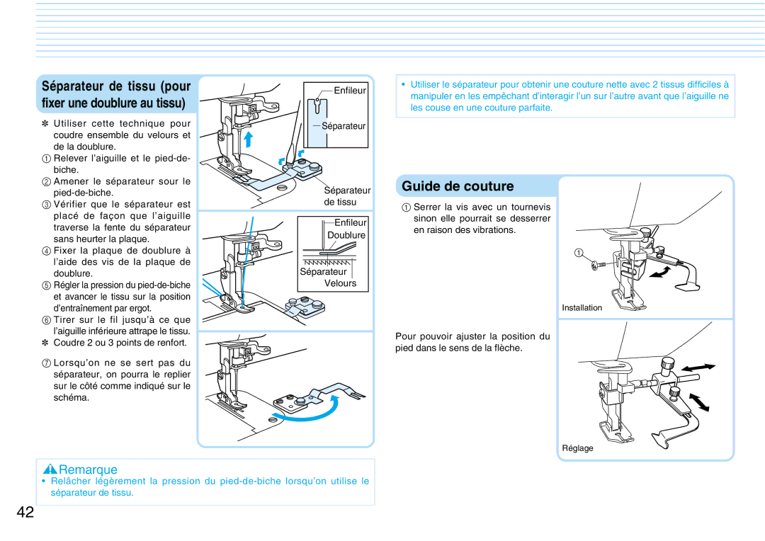 Brother PQ1500S operation manual Guide de couture, Séparateur de tissu Enfileur Doublure Séparateur Velours 