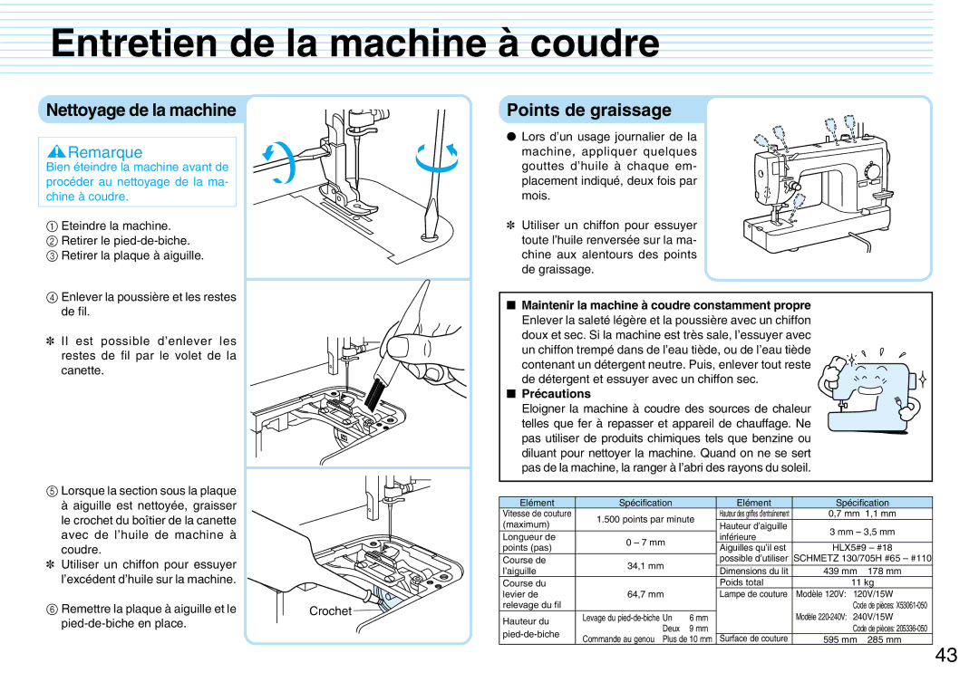 Brother PQ1500S operation manual Entretien de la machine à coudre, Nettoyage de la machine Points de graissage, Précautions 