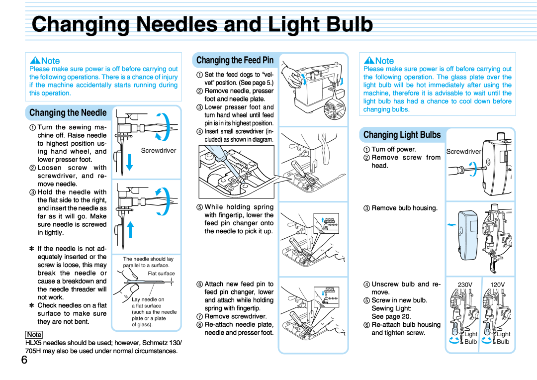 Brother PQ1500S Changing Needles and Light Bulb, Changing the Feed Pin, Changing the Needle, Changing Light Bulbs 