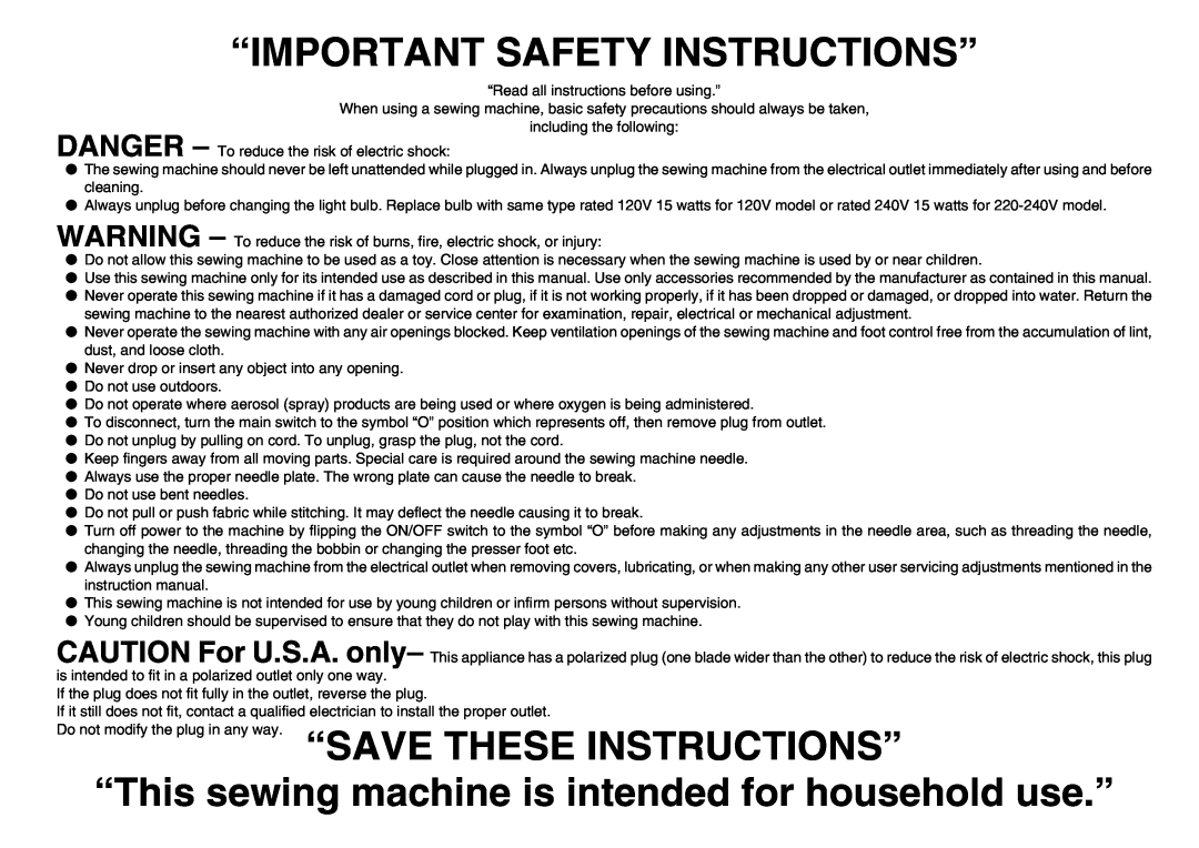 Brother PQ1500S operation manual “Important Safety Instructions”, “This sewing machine is intended for household use.” 