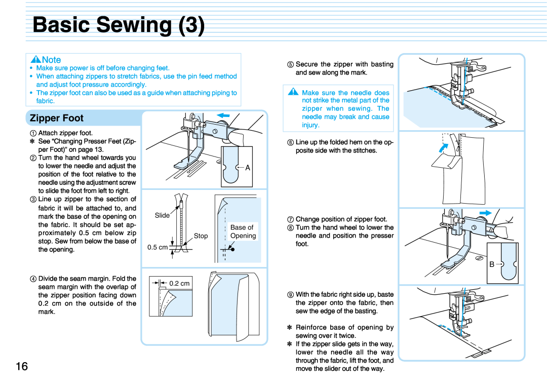 Brother PQ1500S operation manual Zipper Foot, Basic Sewing 