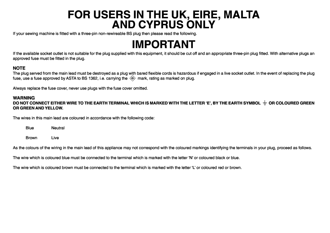 Brother PQ1500S operation manual For Users In The Uk, Eire, Malta And Cyprus Only 