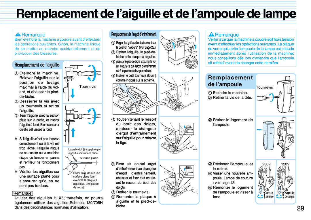 Brother PQ1500S operation manual Remplacement de l’ampoule, Remplacement de l’aiguille et de l’ampoule de lampe, Remarque 