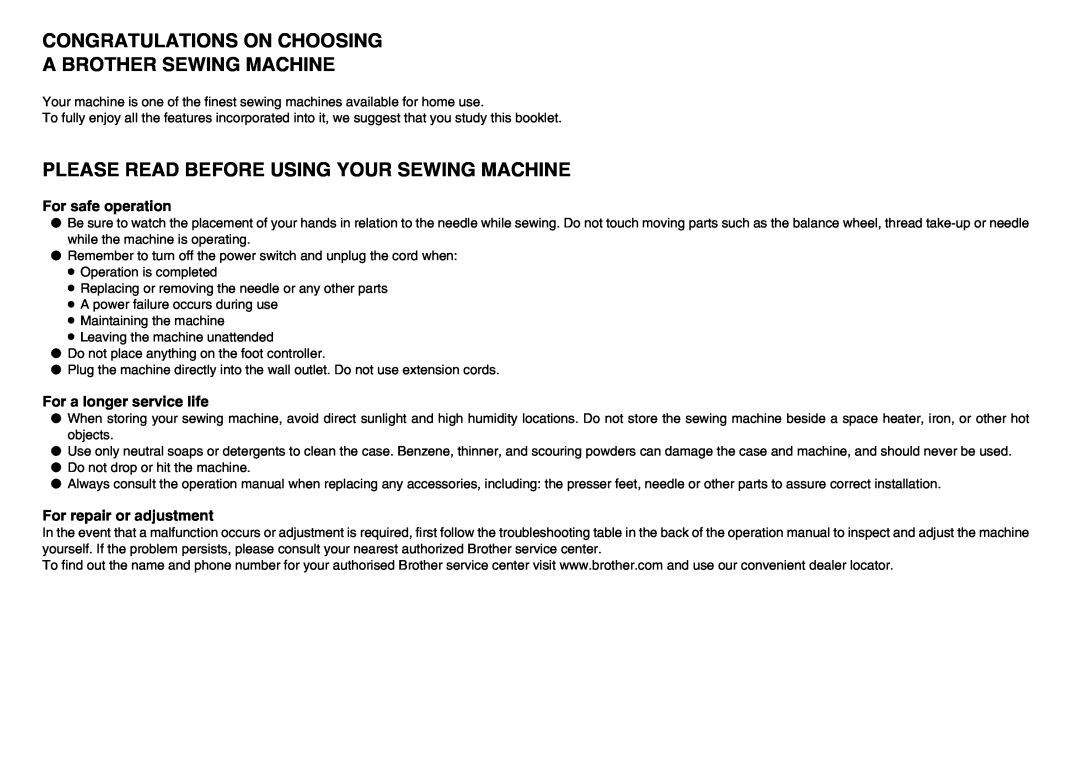 Brother PQ1500S Congratulations On Choosing A Brother Sewing Machine, Please Read Before Using Your Sewing Machine 