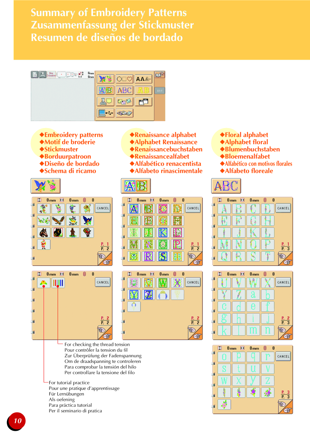 Brother PR-600 manual Schema di ricamo Alfabeto rinascimentale Alfabeto floreale 