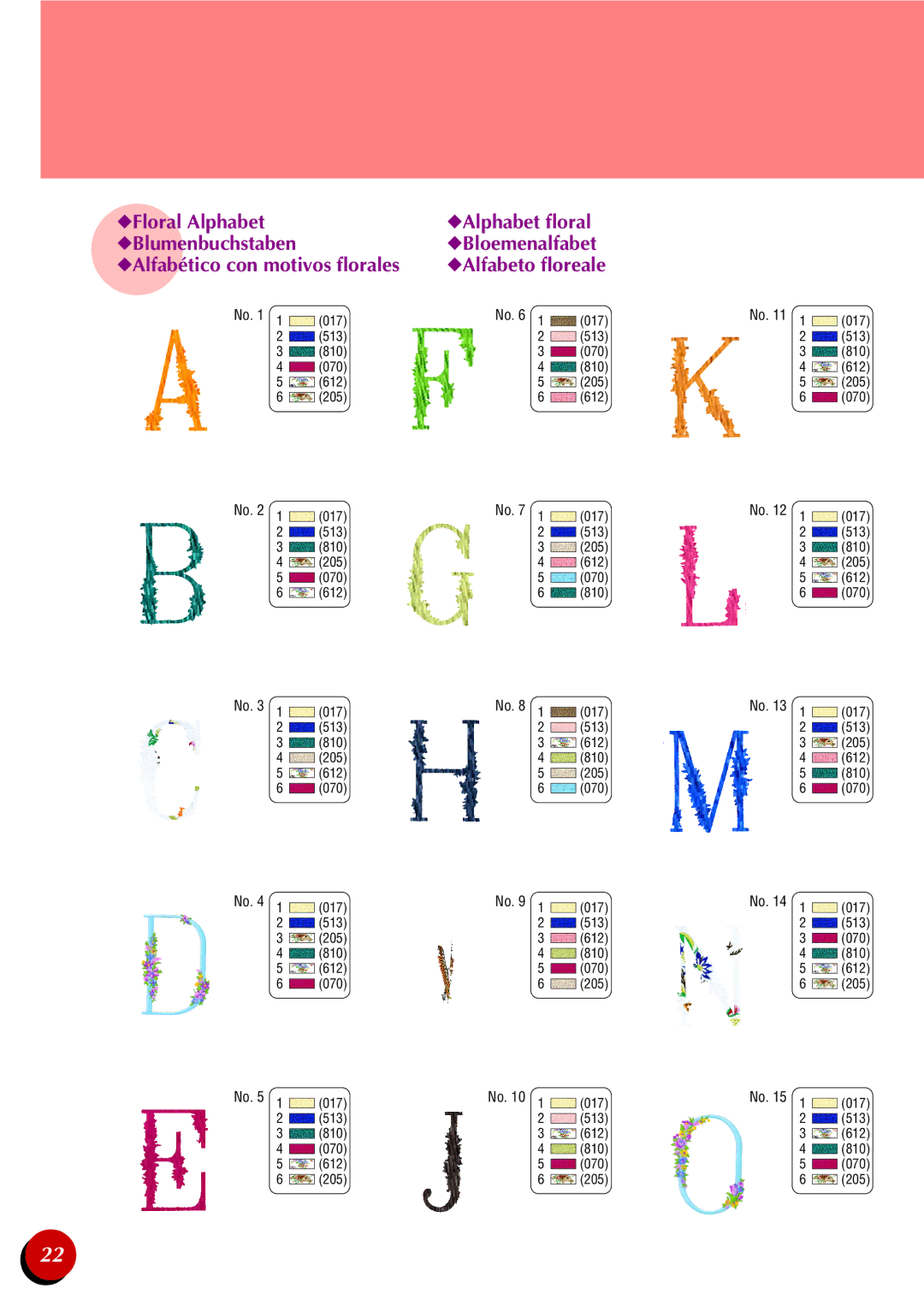 Brother PR-600 manual Floral Alphabet Alphabet floral Blumenbuchstaben 