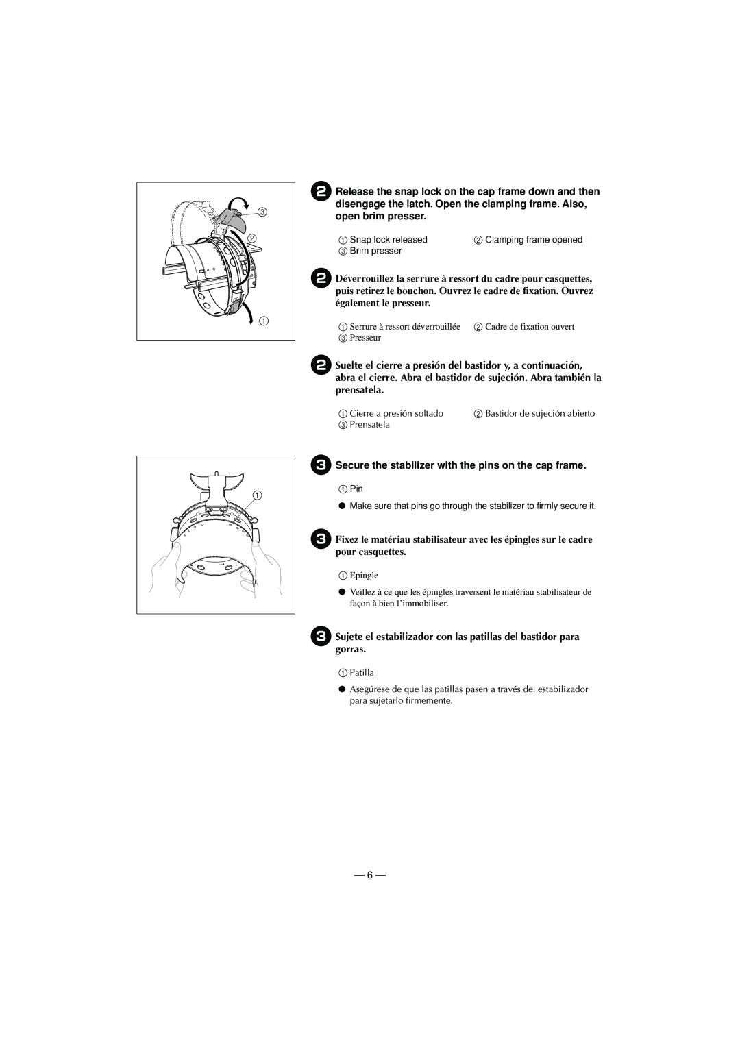 Brother PR-600/600C manual Secure the stabilizer with the pins on the cap frame 