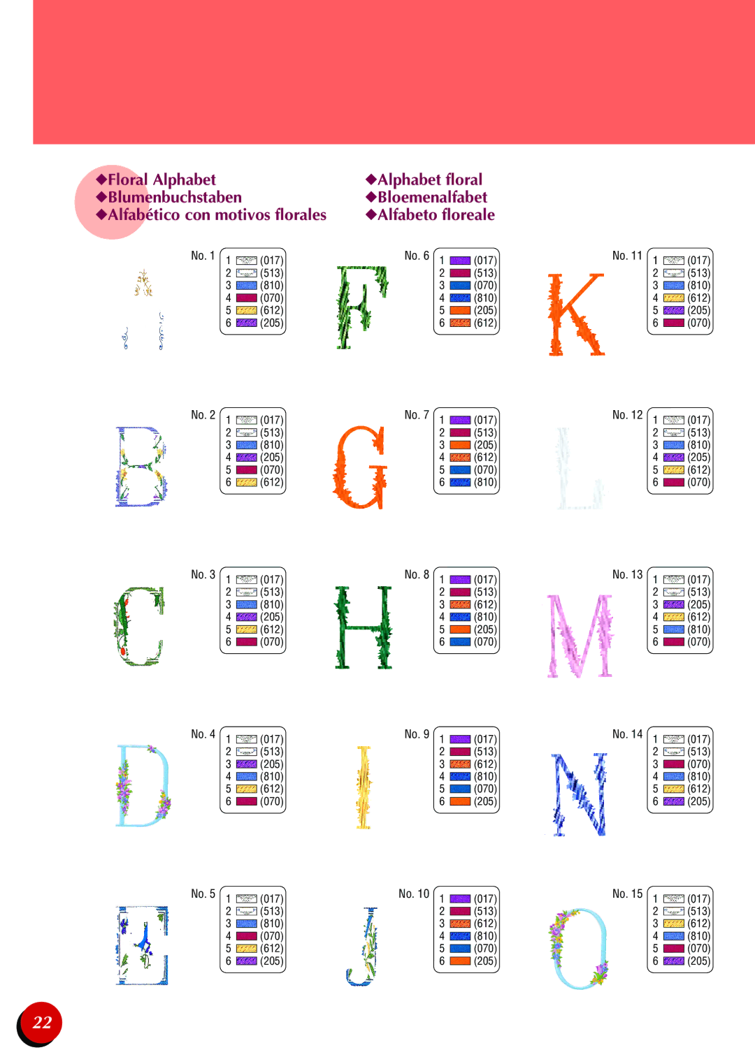 Brother PR-600II manual Floral Alphabet Alphabet floral Blumenbuchstaben 