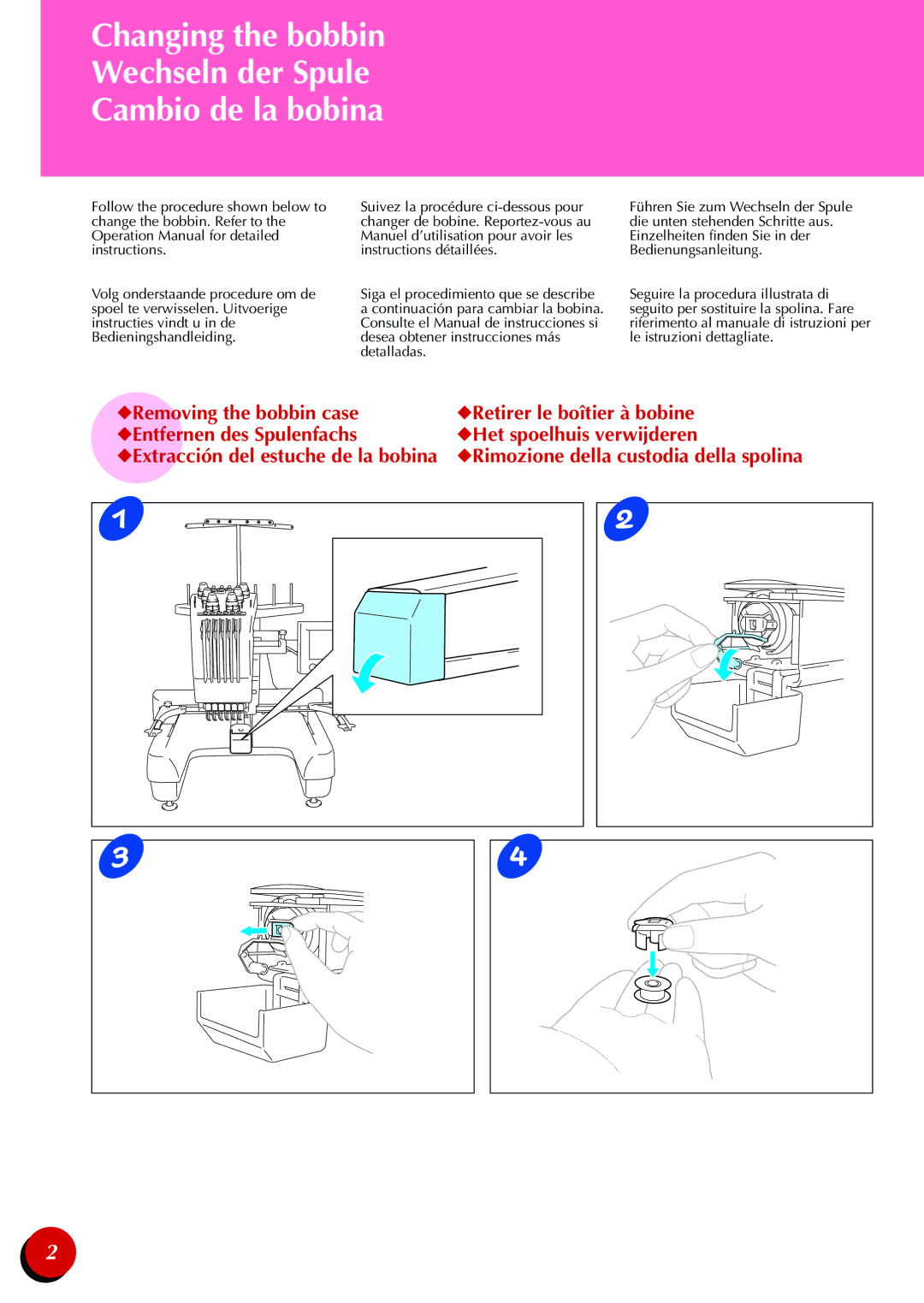 Brother PR-600II manual Changing the bobbin Wechseln der Spule Cambio de la bobina 