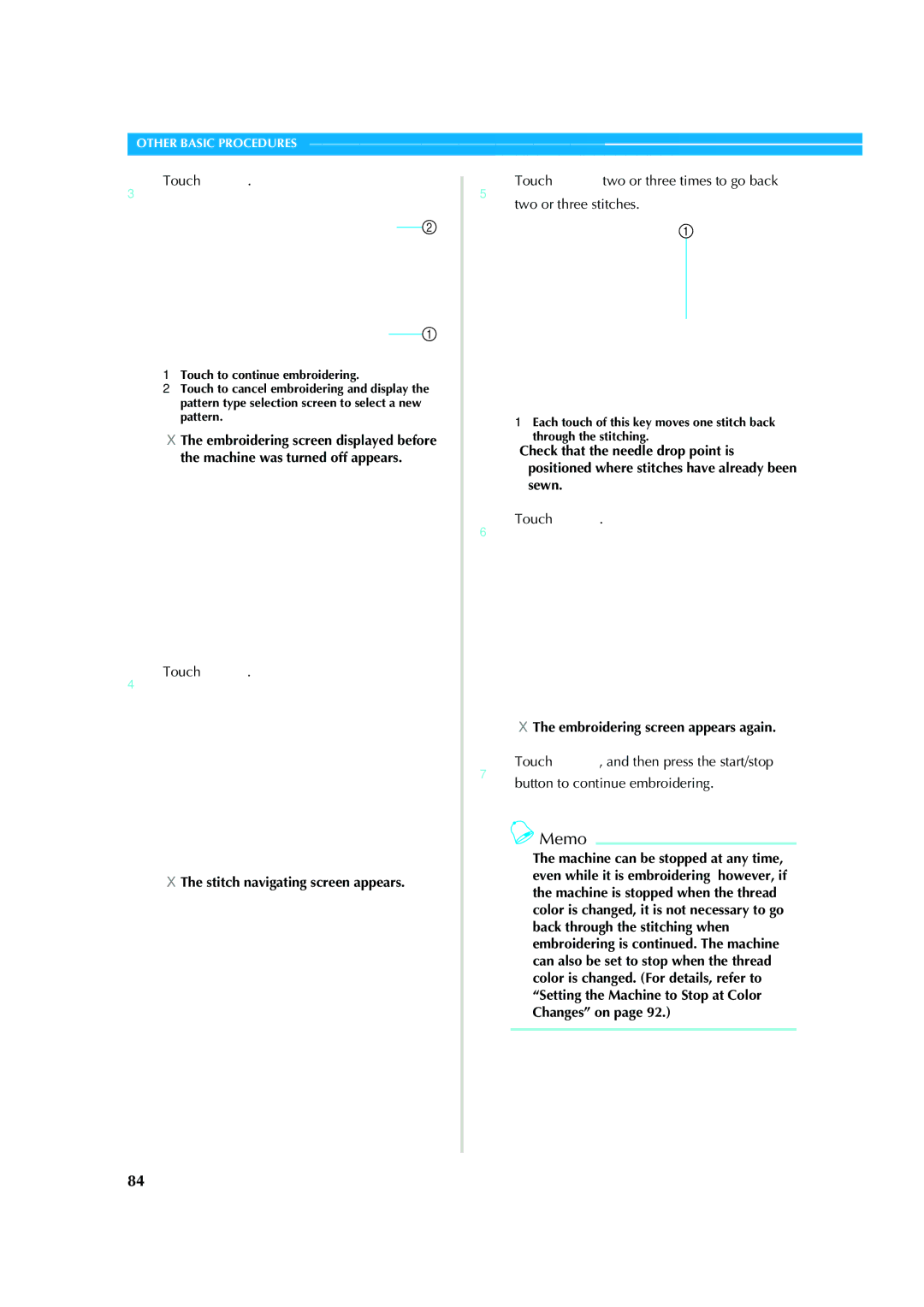 Brother PR-620 operation manual Embroidering screen displayed before, Sewn, Machine can be stopped at any time 