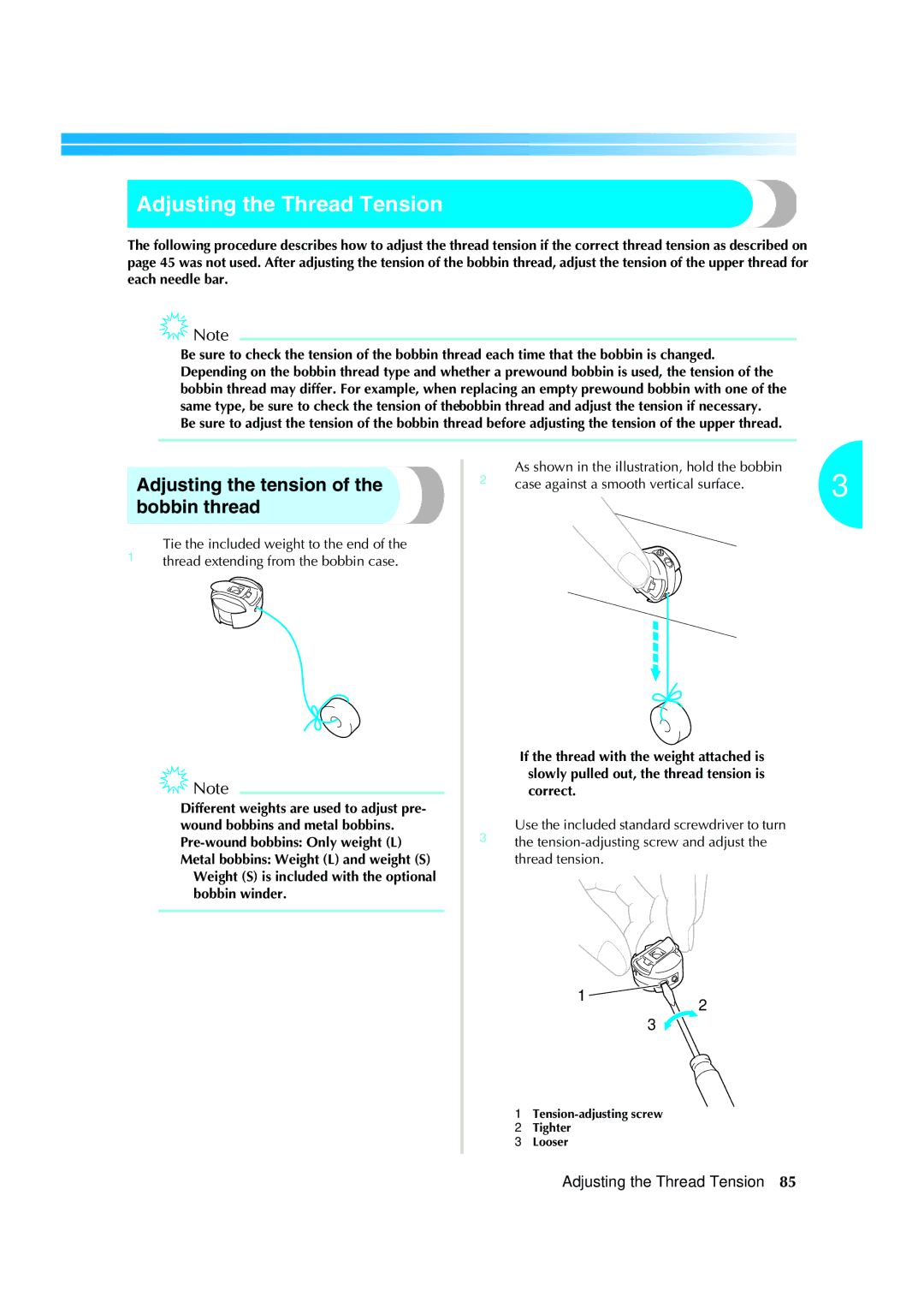 Brother PR-620 operation manual Adjusting the Thread Tension, Adjusting the tension of the bobbin thread 