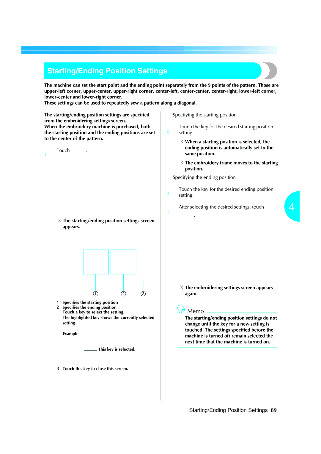 Brother PR-620 operation manual Starting/Ending Position Settings, Starting/ending position settings screen appears 