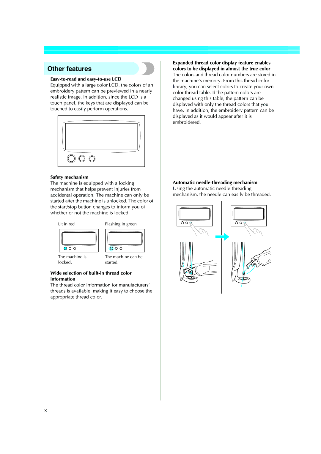 Brother PR-620 operation manual Other features, Easy-to-read and easy-to-use LCD, Safety mechanism 