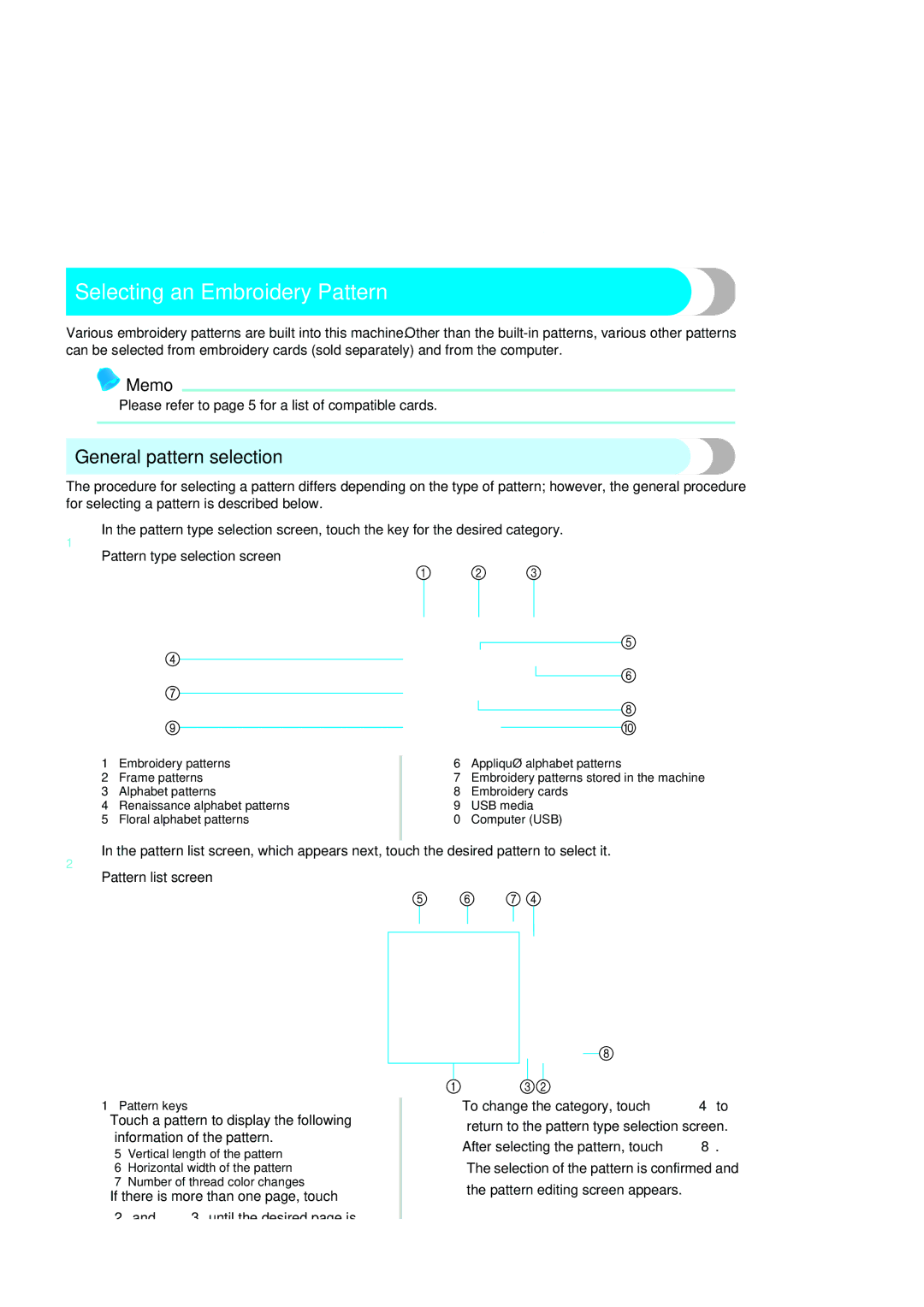 Brother PR-620 operation manual General pattern selection, 102, Please refer to page 5 for a list of compatible cards 