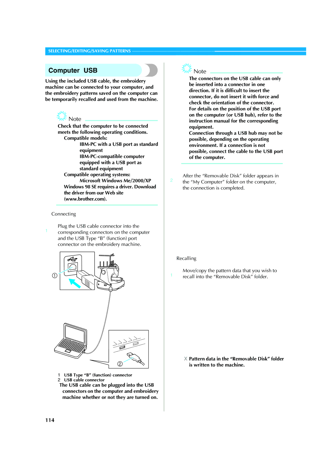 Brother PR-620 operation manual Computer USB, 114, Connecting 