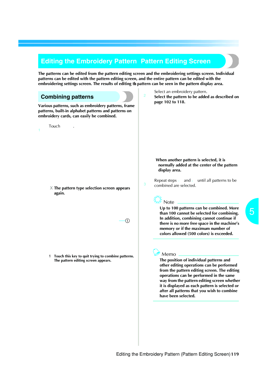 Brother PR-620 Editing the Embroidery Pattern Pattern Editing Screen, Combining patterns, 2Select an embroidery pattern 