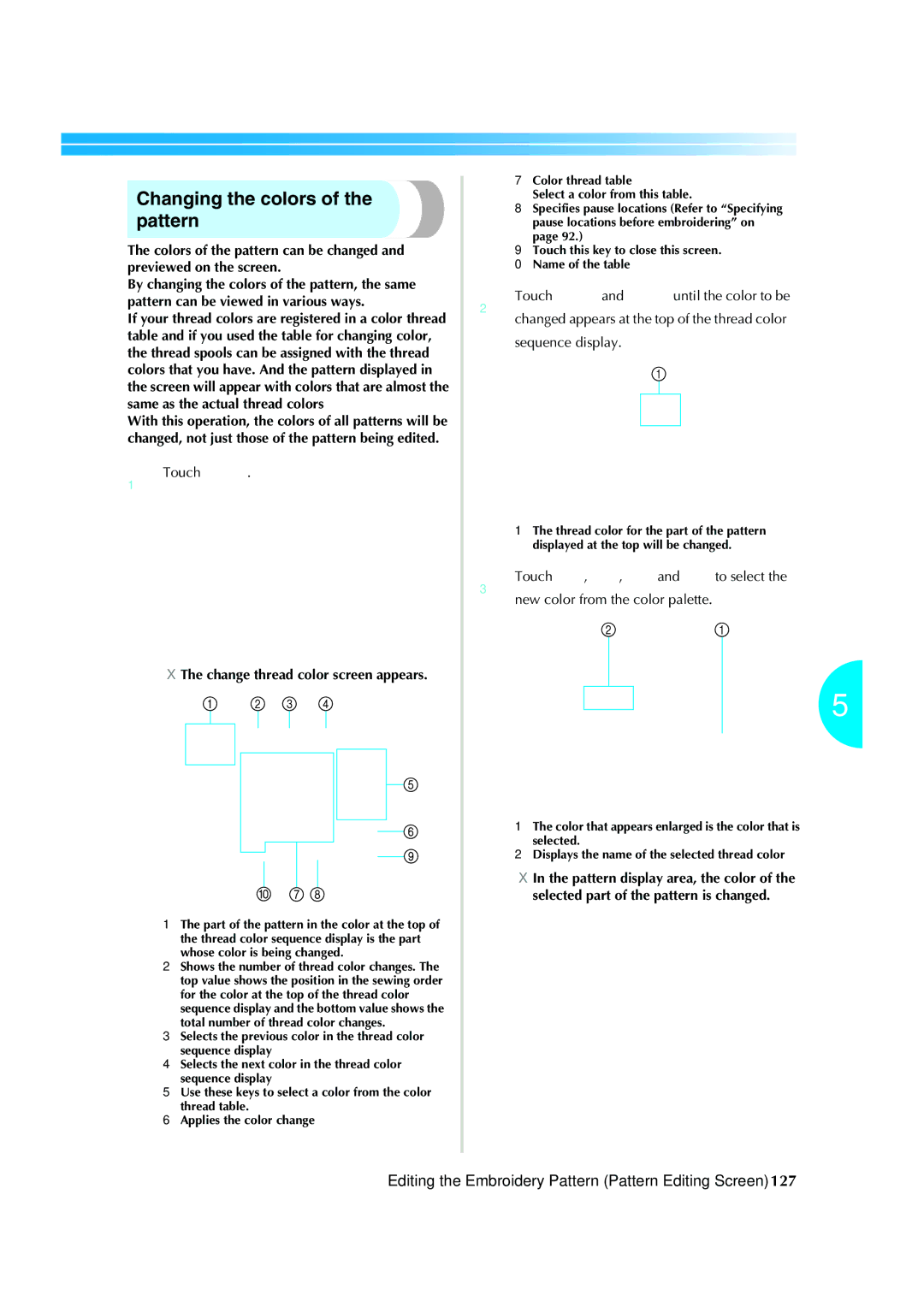 Brother PR-620 operation manual Changing the colors of the pattern, Change thread color screen appears 