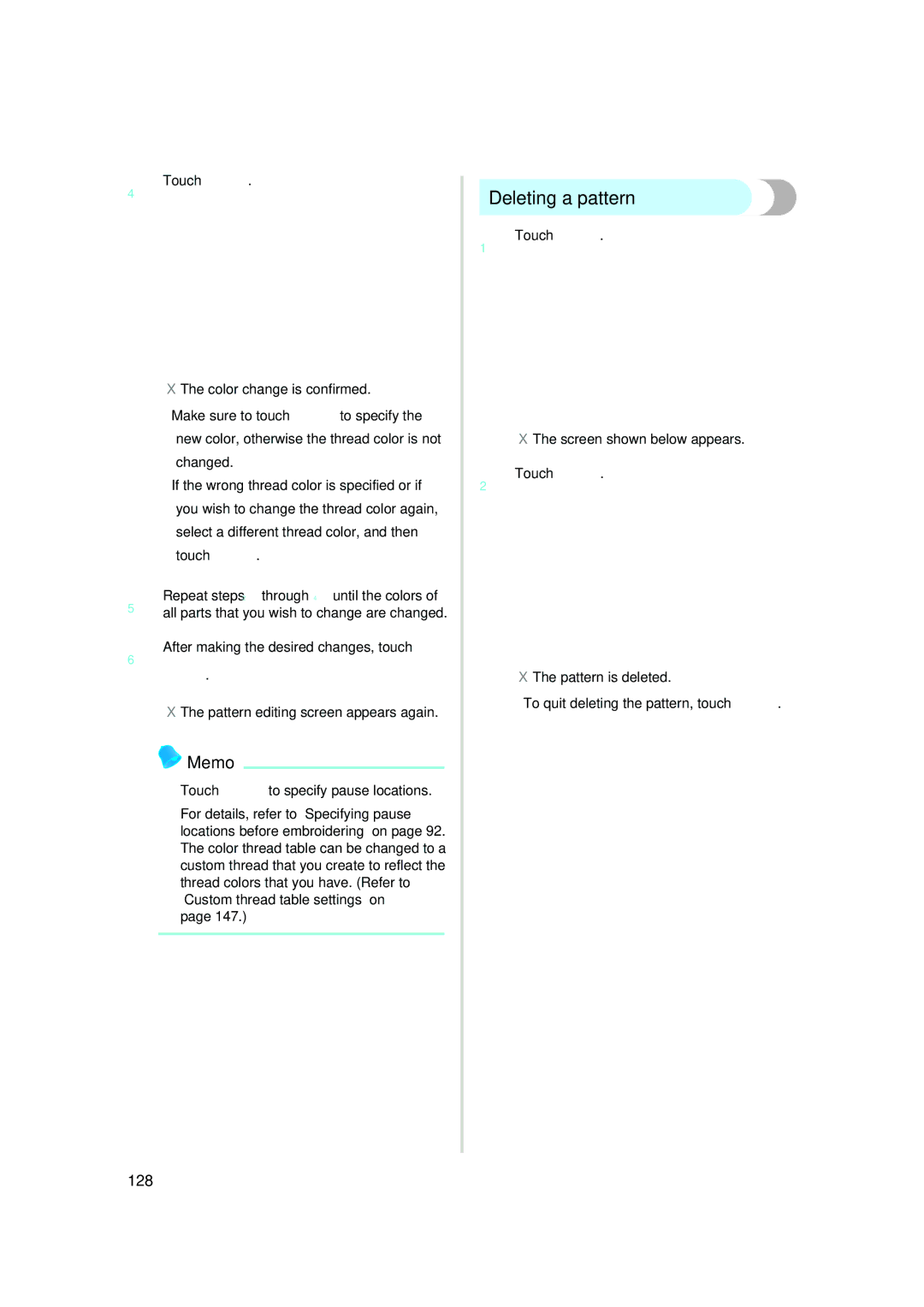 Brother PR-620 operation manual Deleting a pattern, 128 