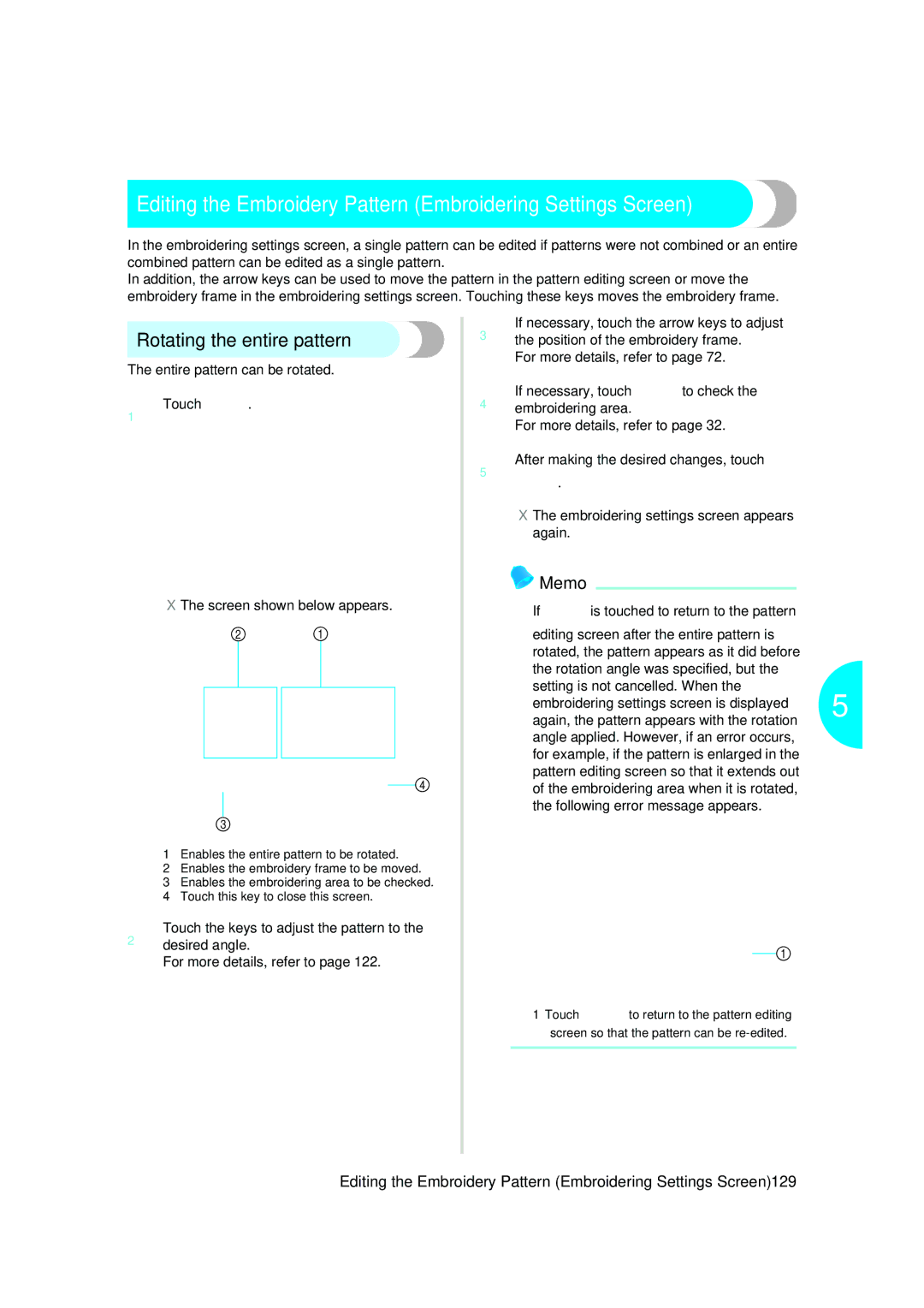 Brother PR-620 operation manual Editing the Embroidery Pattern Embroidering Settings Screen, Rotating the entire pattern 