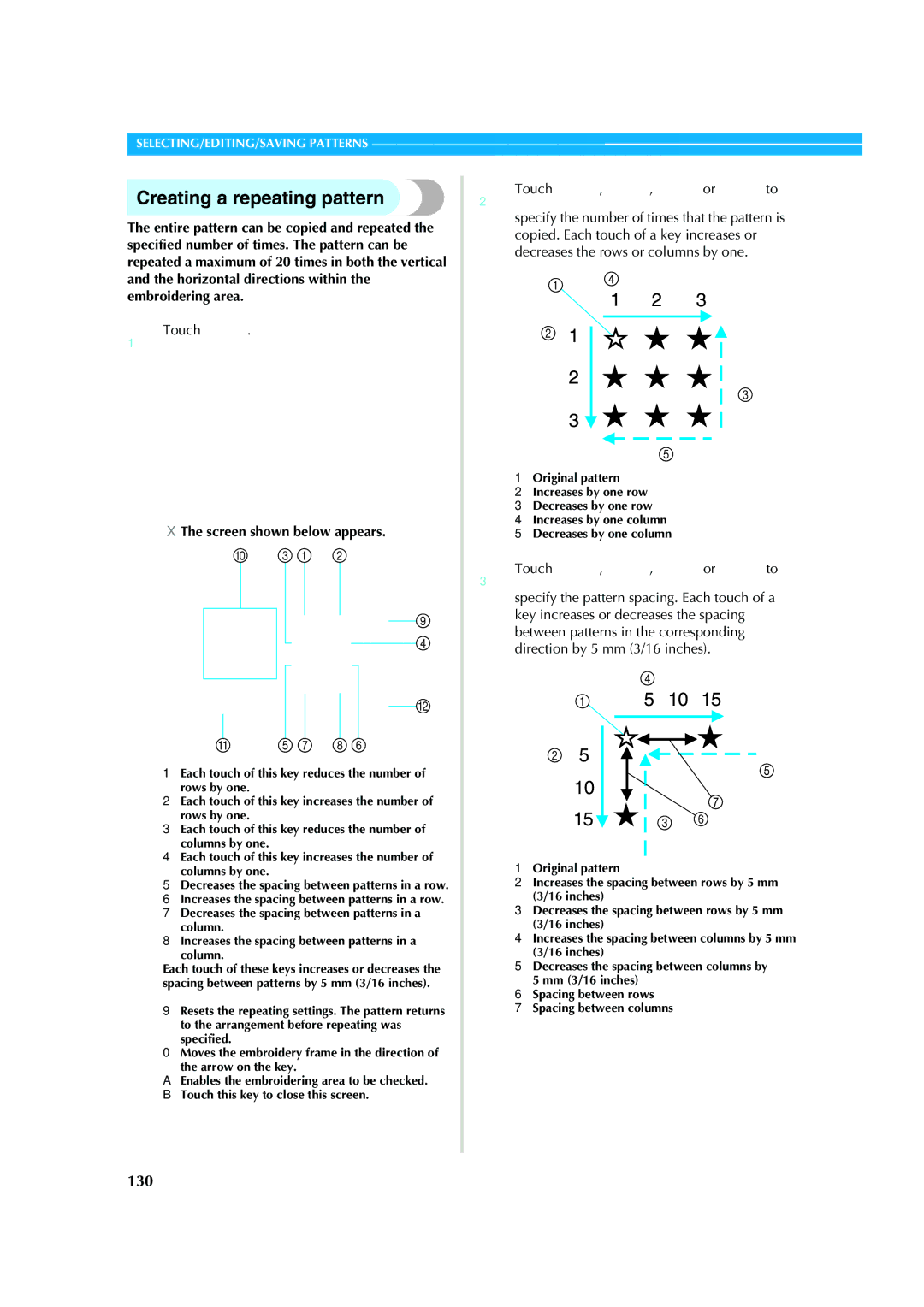 Brother PR-620 operation manual Creating a repeating pattern, 130, 2Touch , , or to, 3Touch , , or to 