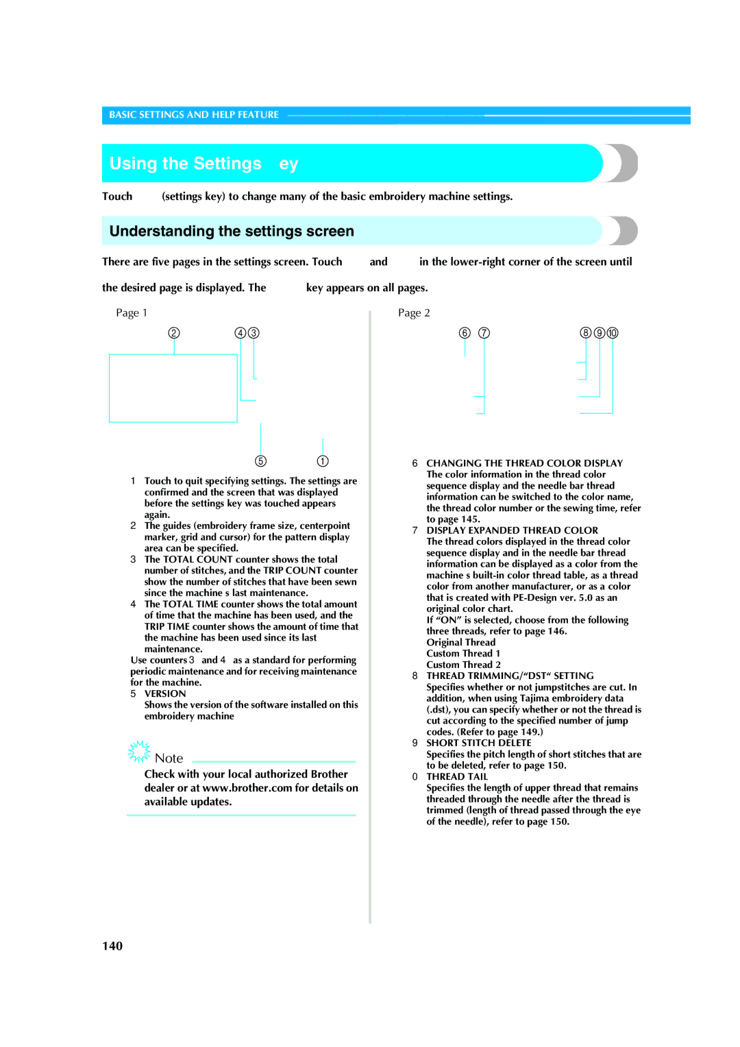 Brother PR-620 operation manual Using the Settings Key, Understanding the settings screen, 140 