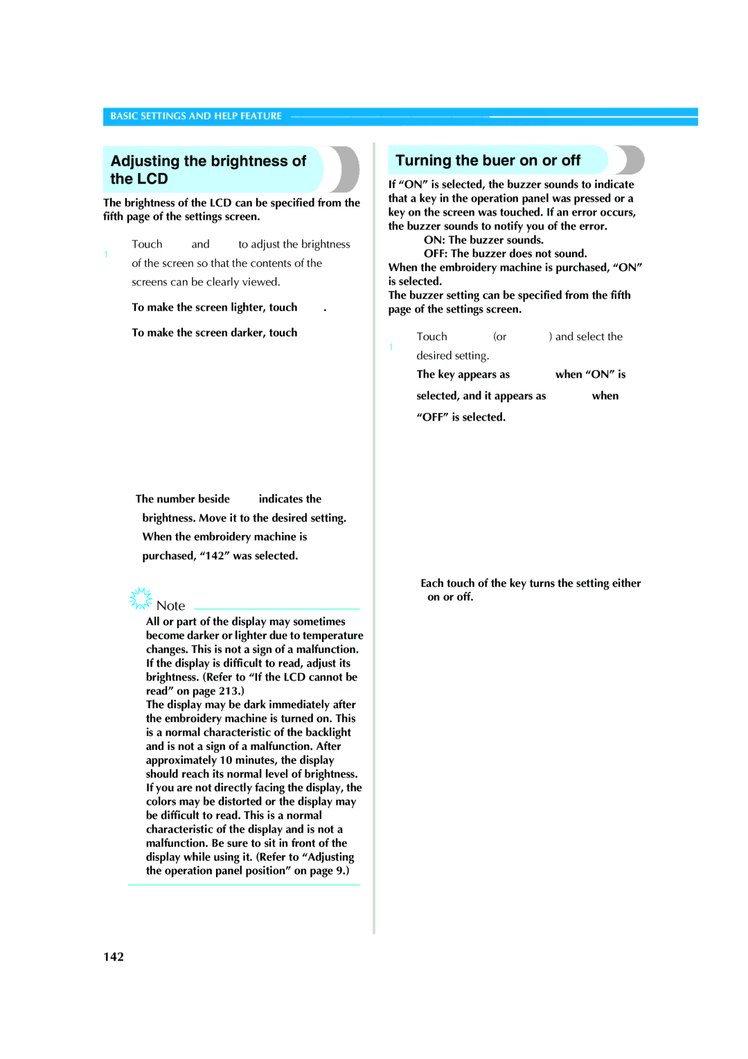 Brother PR-620 operation manual Adjusting the brightness of the LCD, Turning the buzzer on or off, 142 