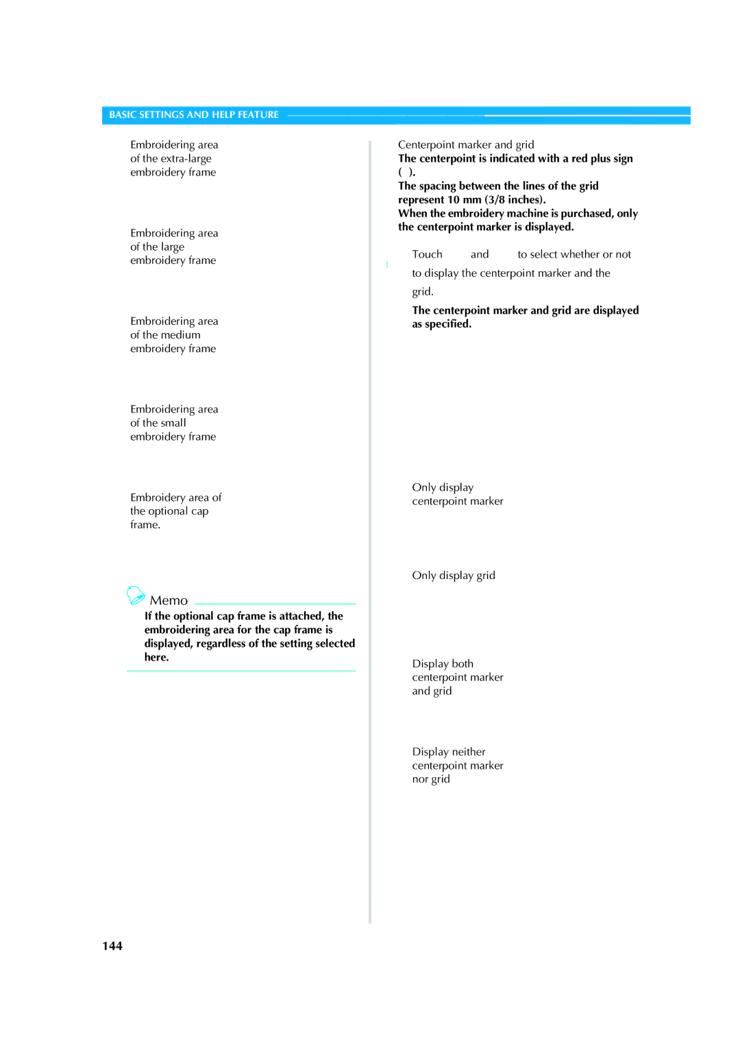 Brother PR-620 operation manual 144, Embroidering area of the large embroidery frame, Centerpoint marker and grid 