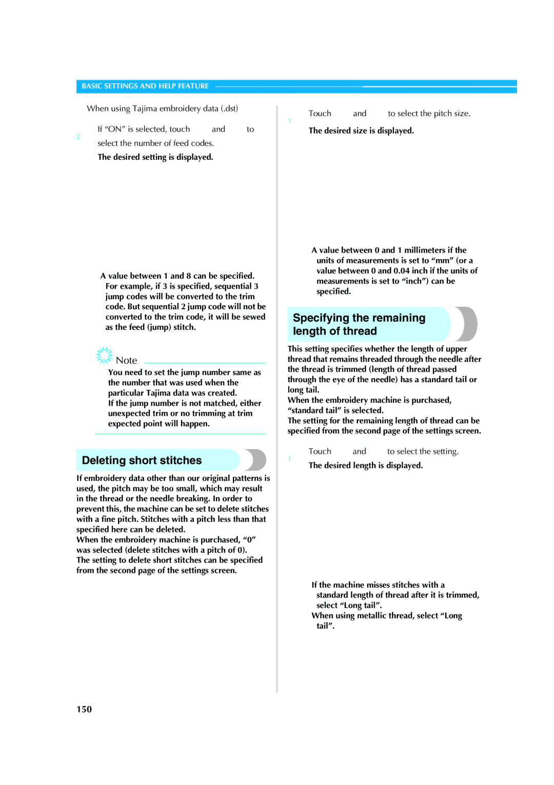 Brother PR-620 Deleting short stitches, Specifying the remaining length of thread, 150, 1Touch and to select the setting 