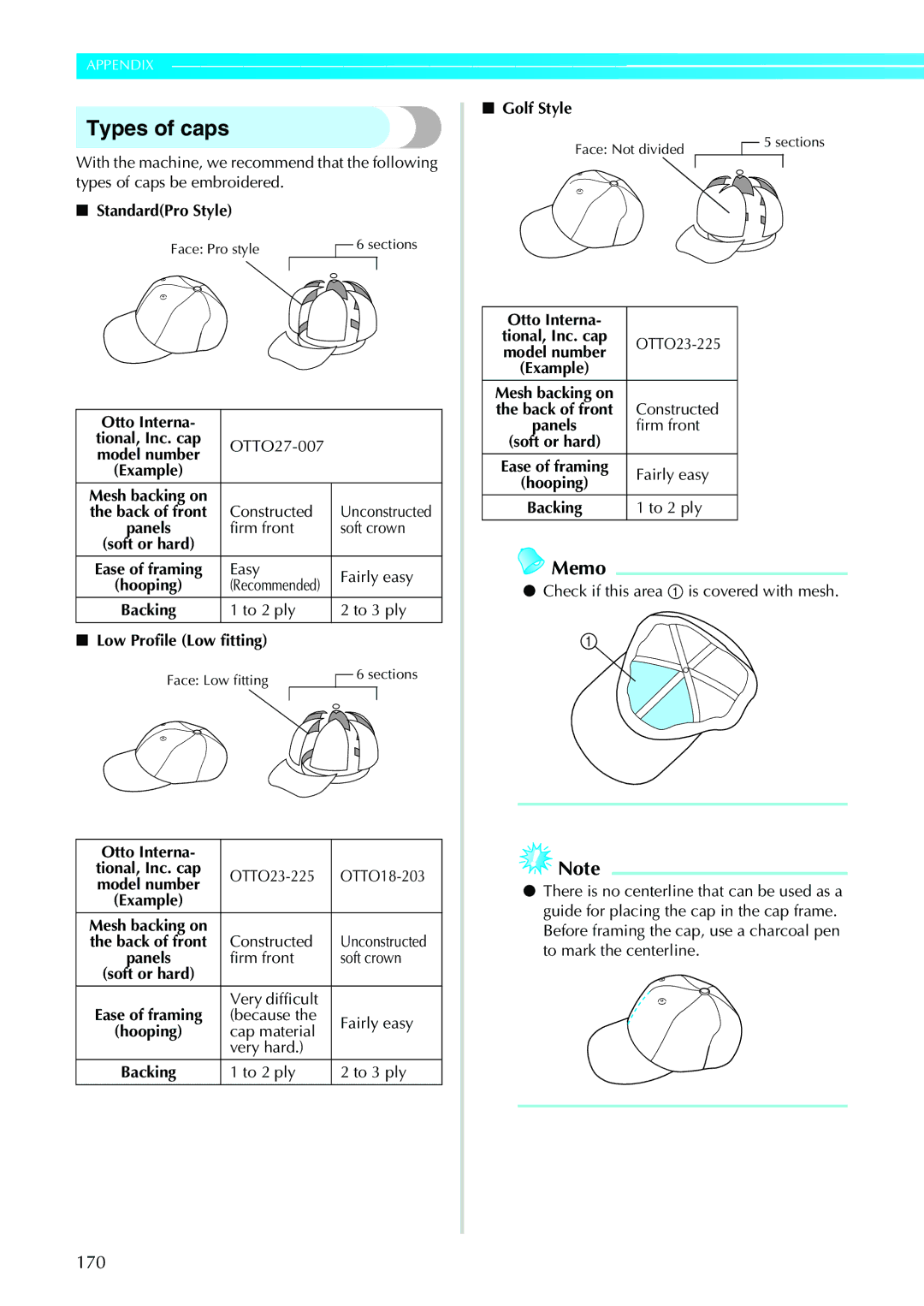 Brother PR-620 operation manual Types of caps, 170 